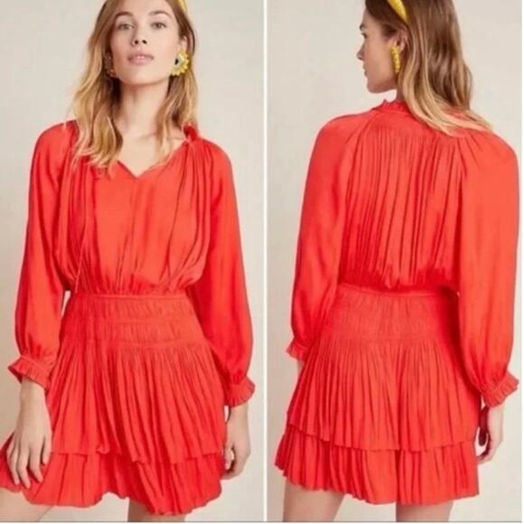 Anthropologie Current‎ Air Poppy Red Smocked Waist Mini Dress - Picture 1 of 9